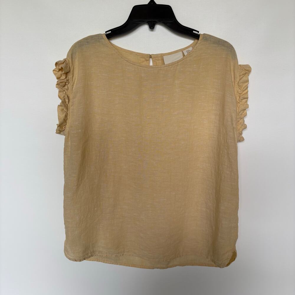 100% Linen Pale Yellow Ruffled Sleeve Blouse - Size M